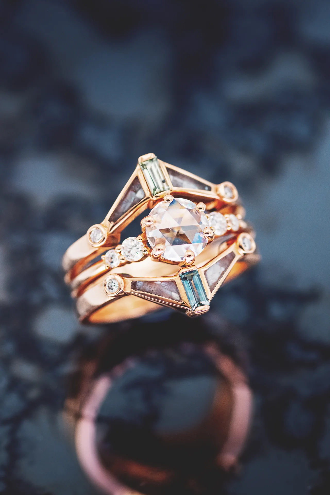 "GEMINI" - ROUND ROSE CUT MOISSANITE ENGAGEMENT RING WITH DIAMOND ACCENTS - Image 19