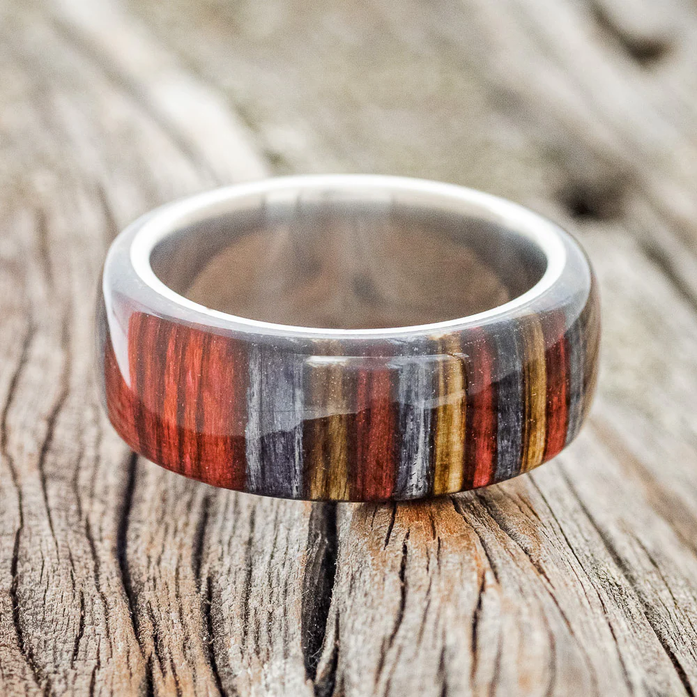 "HAVEN" - RED, GREY & BROWN DYED BIRCH WOOD WEDDING RING - Image 3