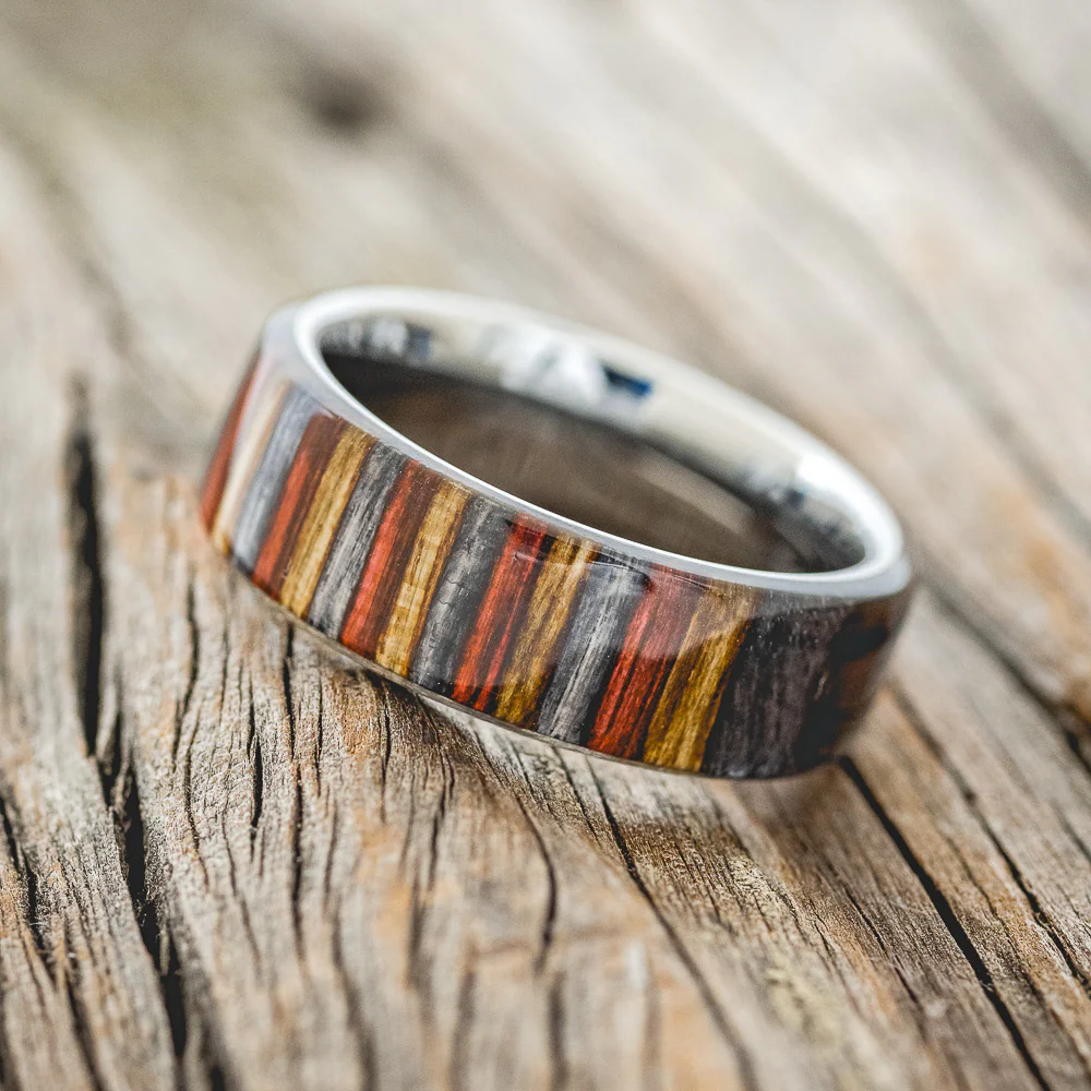 "HAVEN" - RED, GREY & BROWN DYED BIRCH WOOD WEDDING RING - Image 5
