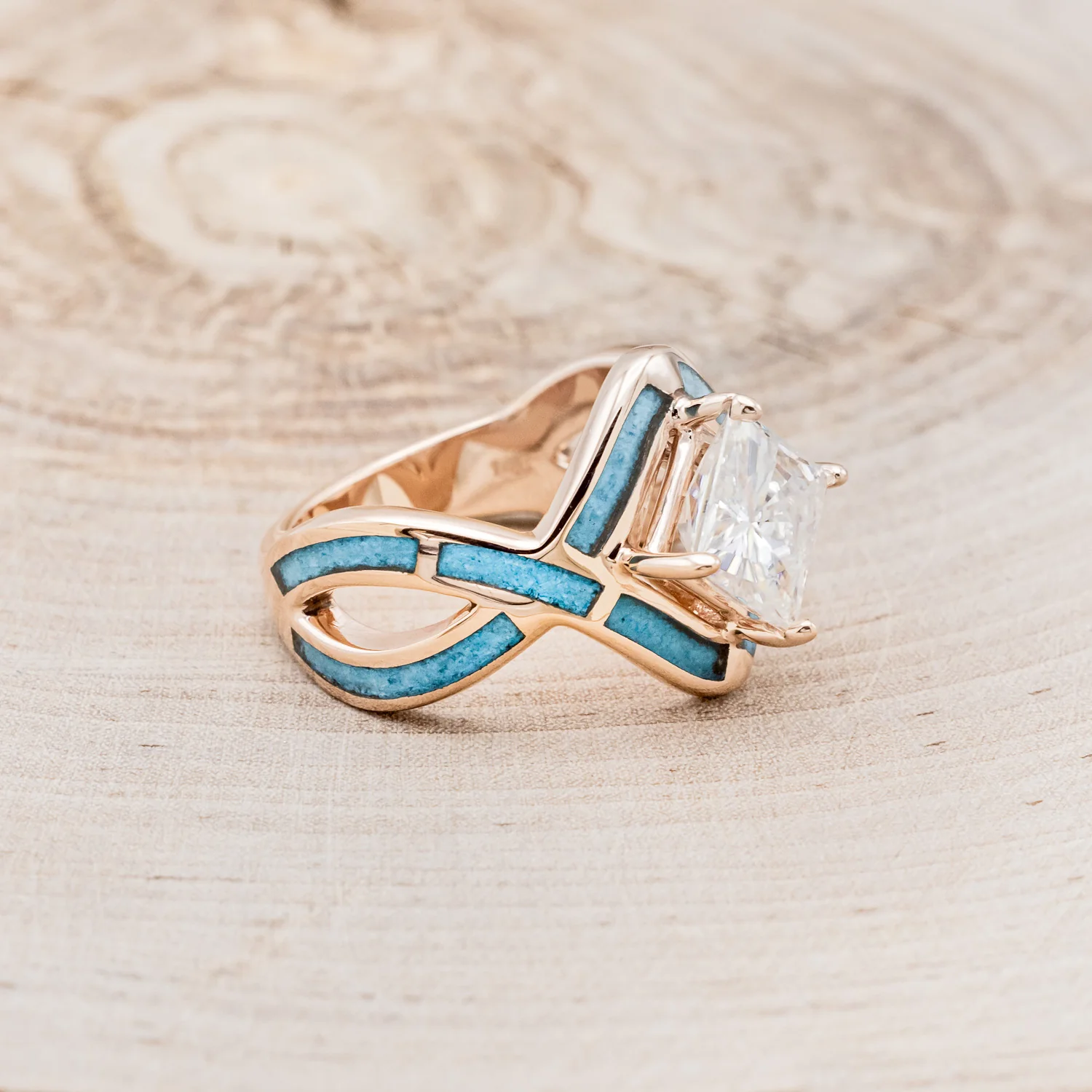 "HELIX" - PRINCESS CUT MOISSANITE ENGAGEMENT RING WITH TURQUOISE INLAYS & A DIAMOND TRACER - Image 21