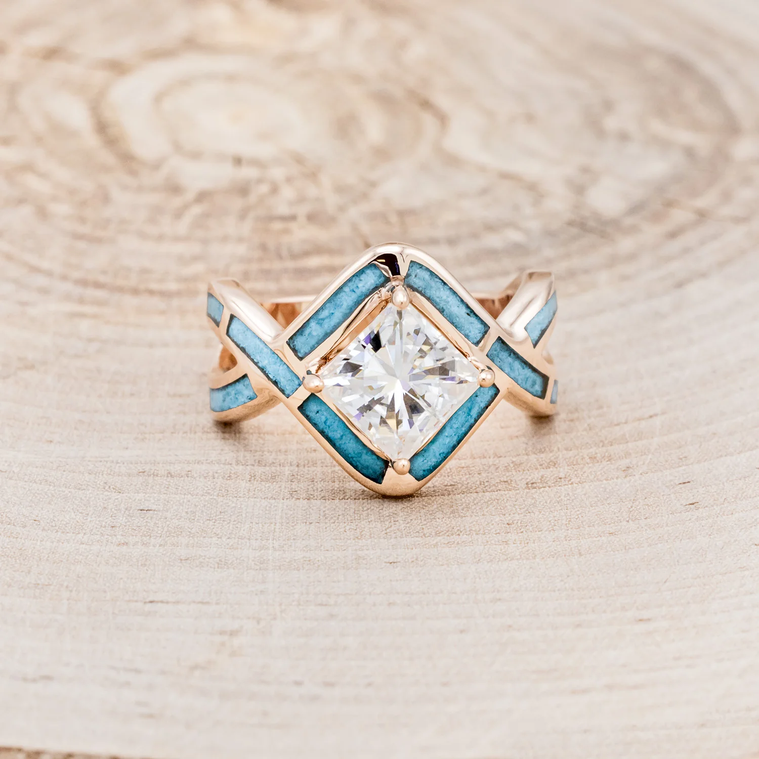 "HELIX" - PRINCESS CUT MOISSANITE ENGAGEMENT RING WITH TURQUOISE INLAYS & A DIAMOND TRACER - Image 23
