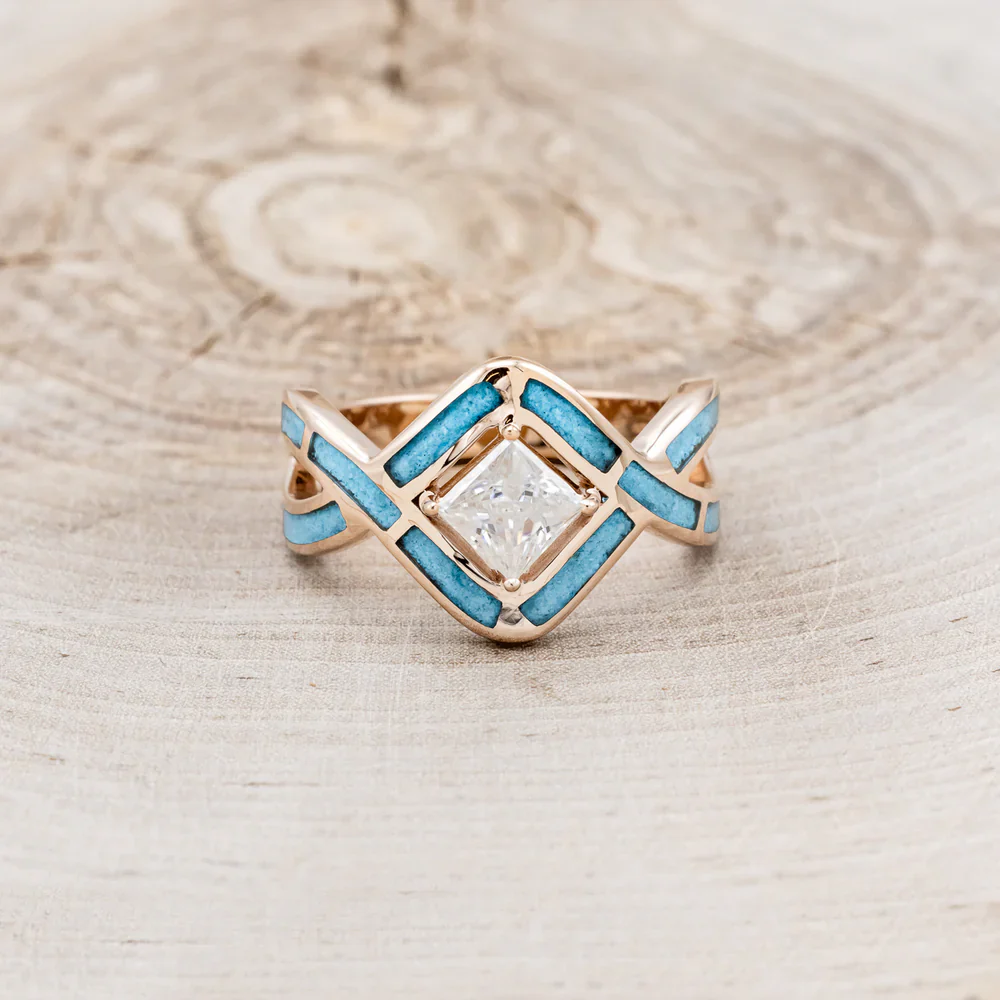 "HELIX" - PRINCESS CUT MOISSANITE ENGAGEMENT RING WITH TURQUOISE INLAYS & A DIAMOND TRACER - Image 30
