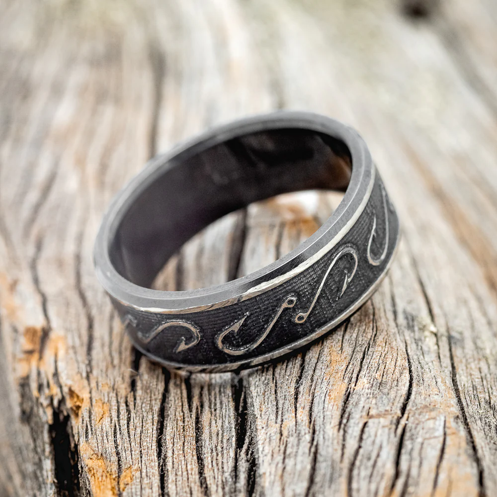 "LEGACY" - CHANNEL EMBOSSED FISHING HOOKS WEDDING BAND - Image 3