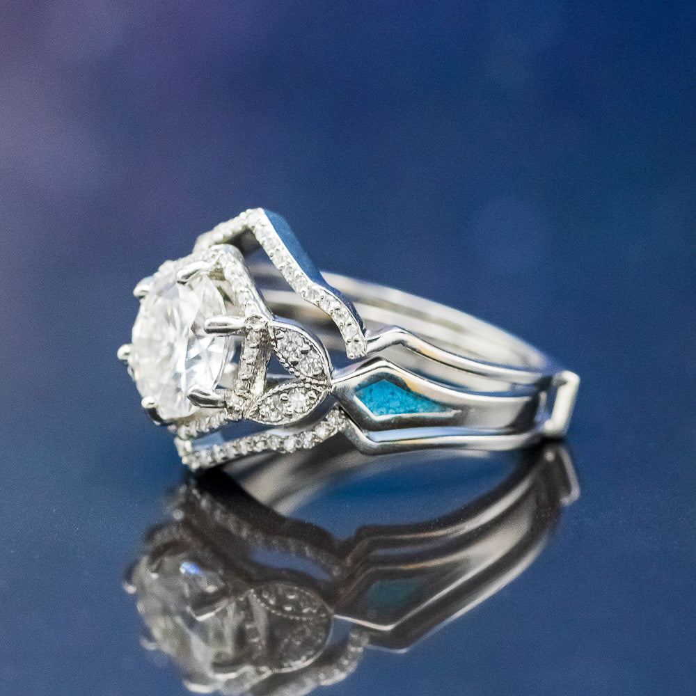 "LUCY IN THE SKY" - ROUND CUT MOISSANITE ENGAGEMENT RING WITH DIAMOND ACCENTS, TURQUOISE INLAYS & A DIAMOND RING GUARD - Image 3