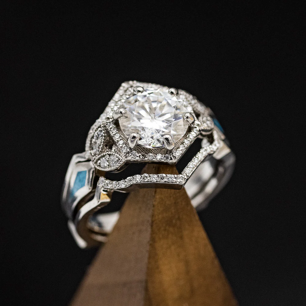 "LUCY IN THE SKY" - ROUND CUT MOISSANITE ENGAGEMENT RING WITH DIAMOND ACCENTS, TURQUOISE INLAYS & A DIAMOND RING GUARD - Image 4