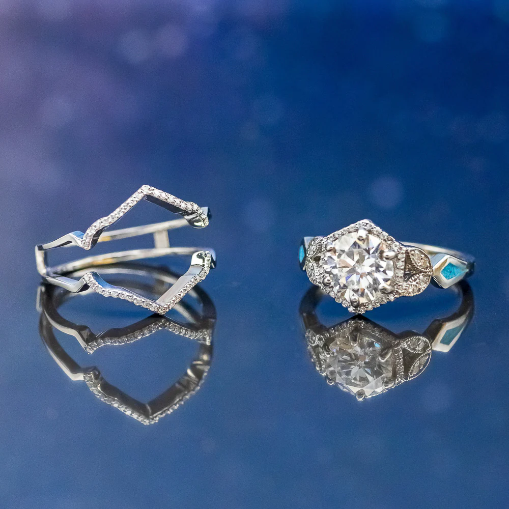 "LUCY IN THE SKY" - ROUND CUT MOISSANITE ENGAGEMENT RING WITH DIAMOND ACCENTS, TURQUOISE INLAYS & A DIAMOND RING GUARD - Image 5