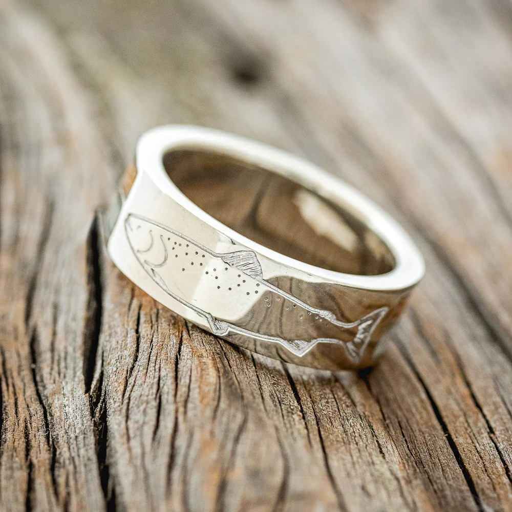 "MAVERICK" - FISH ENGRAVED WEDDING BAND WITH FIRE & ICE OPAL AND WHISKEY BARREL OAK INLAYS - Image 3