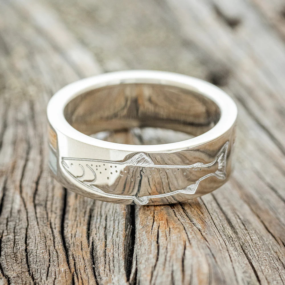 "MAVERICK" - FISH ENGRAVED WEDDING BAND WITH FIRE & ICE OPAL AND WHISKEY BARREL OAK INLAYS - Image 4