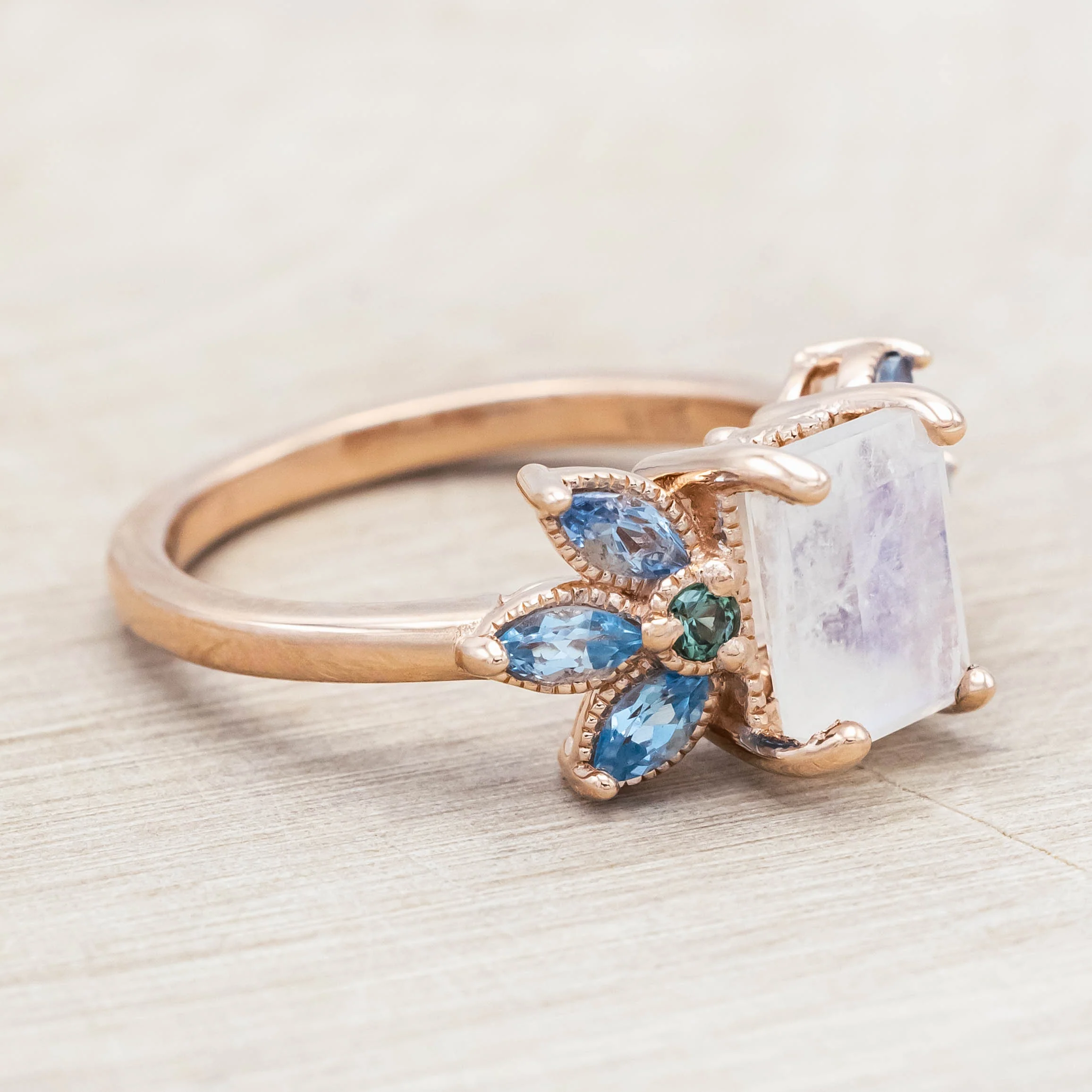 "MOONSHADOW" - EMERALD CUT MOONSTONE ENGAGEMENT RING WITH GREEN TOURMALINE & AQUAMARINE ACCENTS - Image 3