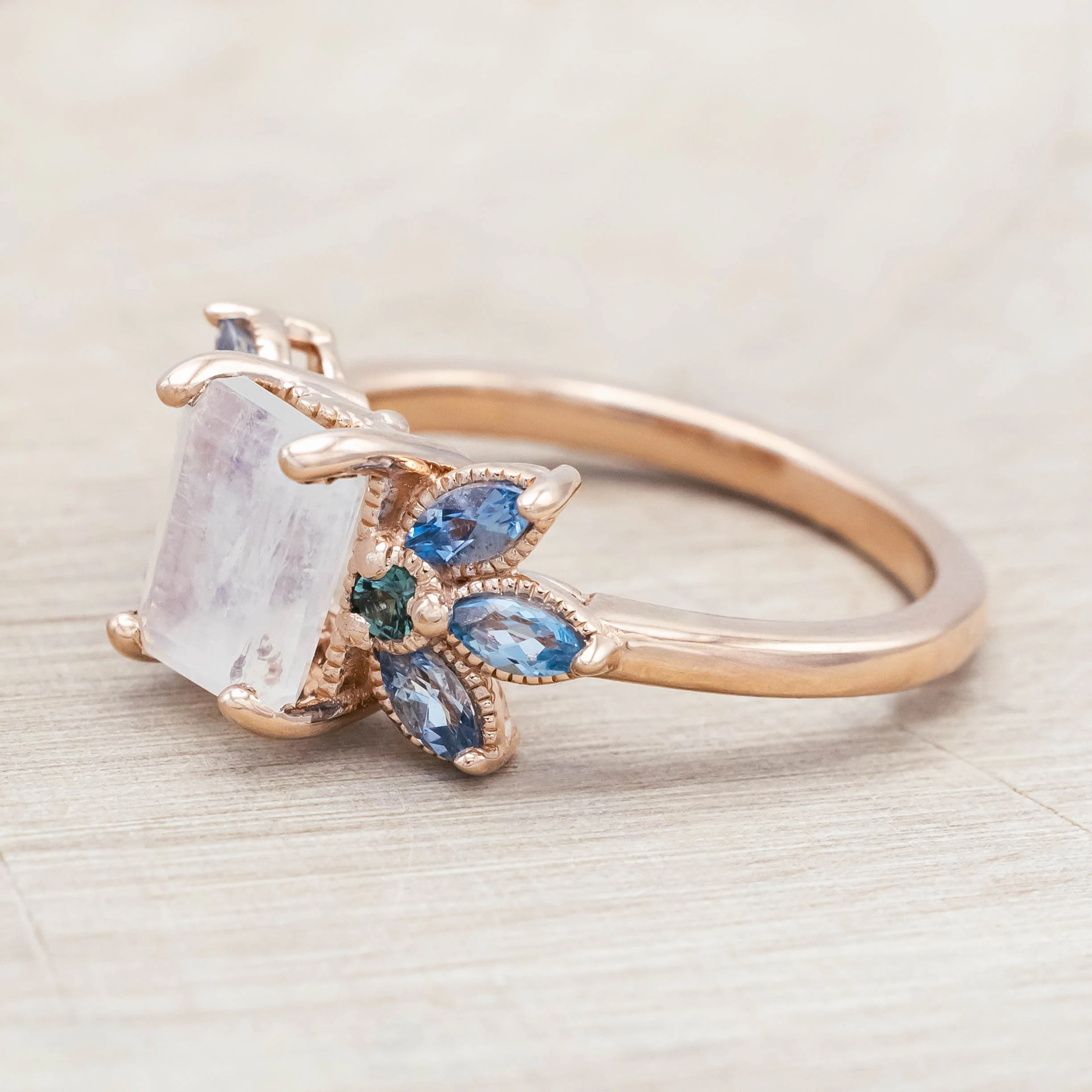 "MOONSHADOW" - EMERALD CUT MOONSTONE ENGAGEMENT RING WITH GREEN TOURMALINE & AQUAMARINE ACCENTS - Image 4