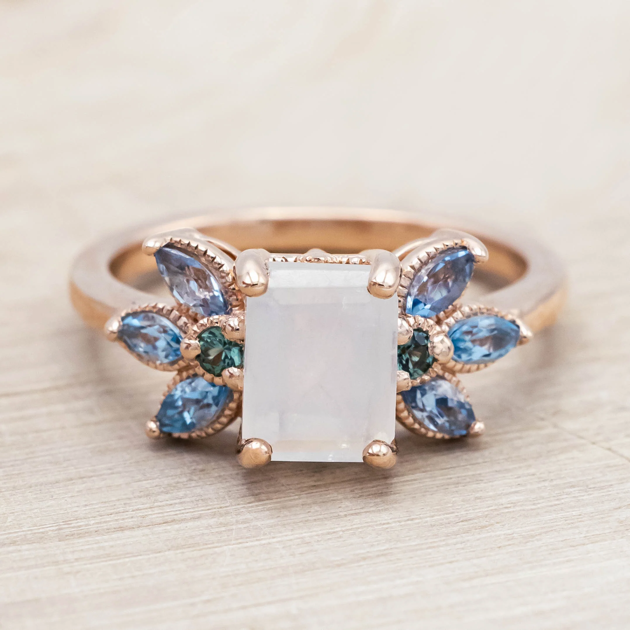 "MOONSHADOW" - EMERALD CUT MOONSTONE ENGAGEMENT RING WITH GREEN TOURMALINE & AQUAMARINE ACCENTS - Image 5