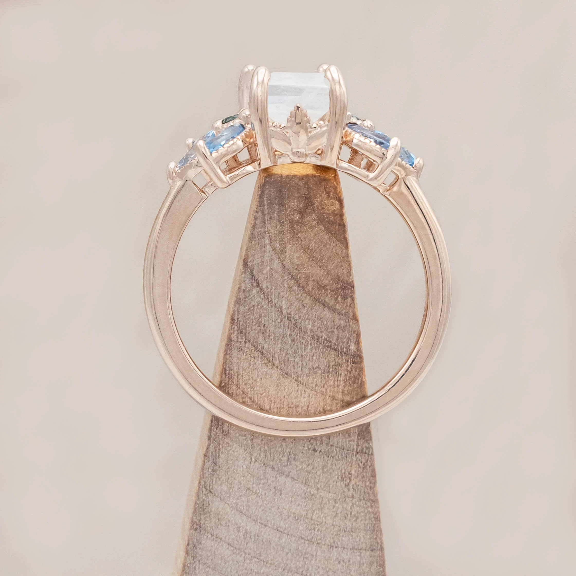 "MOONSHADOW" - EMERALD CUT MOONSTONE ENGAGEMENT RING WITH GREEN TOURMALINE & AQUAMARINE ACCENTS - Image 6