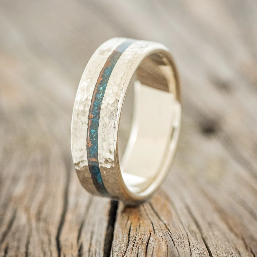 "NIRVANA" - CENTERED PATINA COPPER INLAY WEDDING BAND WITH HAMMERED FINISH - Image 8