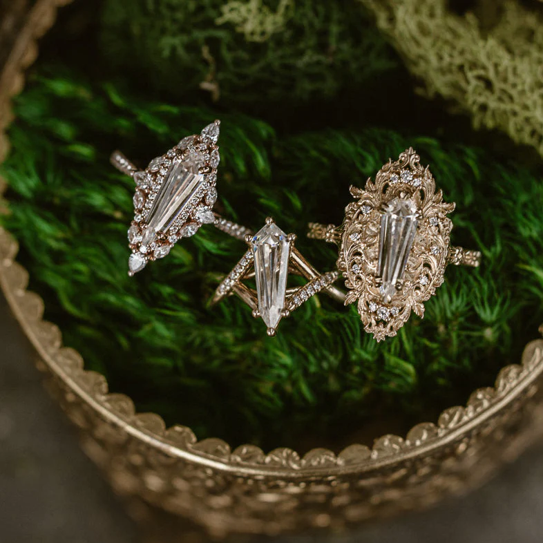 "CHERIE" - ROCOCO-STYLE DAGGER CUT MOISSANITE ENGAGEMENT RING WITH DIAMOND ACCENTS - Image 10