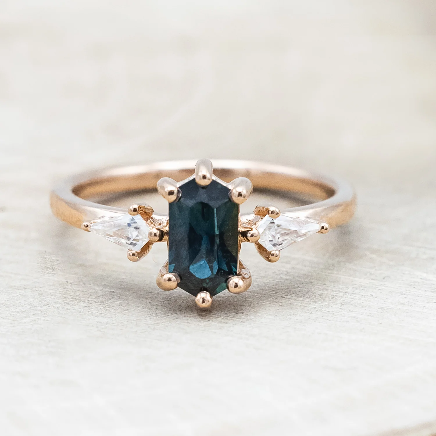 ONE-OF-A-KIND - "ISLA" - ELONGATED HEXAGON CUT AUSTRALIAN SAPPHIRE ENGAGEMENT RING WITH MOISSANITE ACCENTS - Image 7