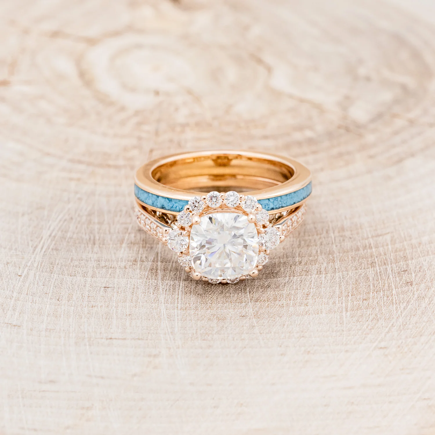 "OPHELIA" - CUSHION CUT MOISSANITE ENGAGEMENT RING WITH TURQUOISE STACKING BAND - Image 4