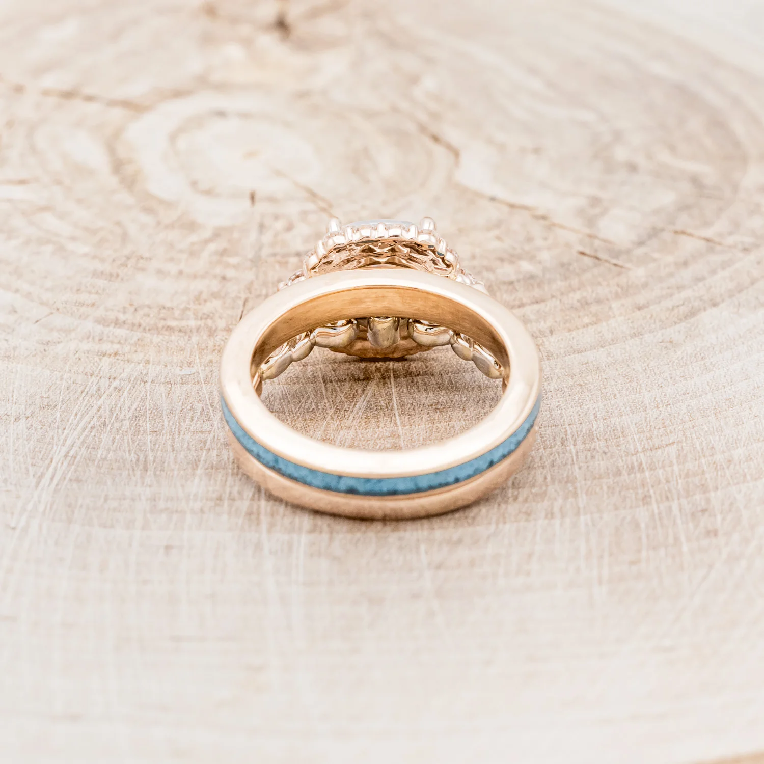 "OPHELIA" - CUSHION CUT MOISSANITE ENGAGEMENT RING WITH TURQUOISE STACKING BAND - Image 6