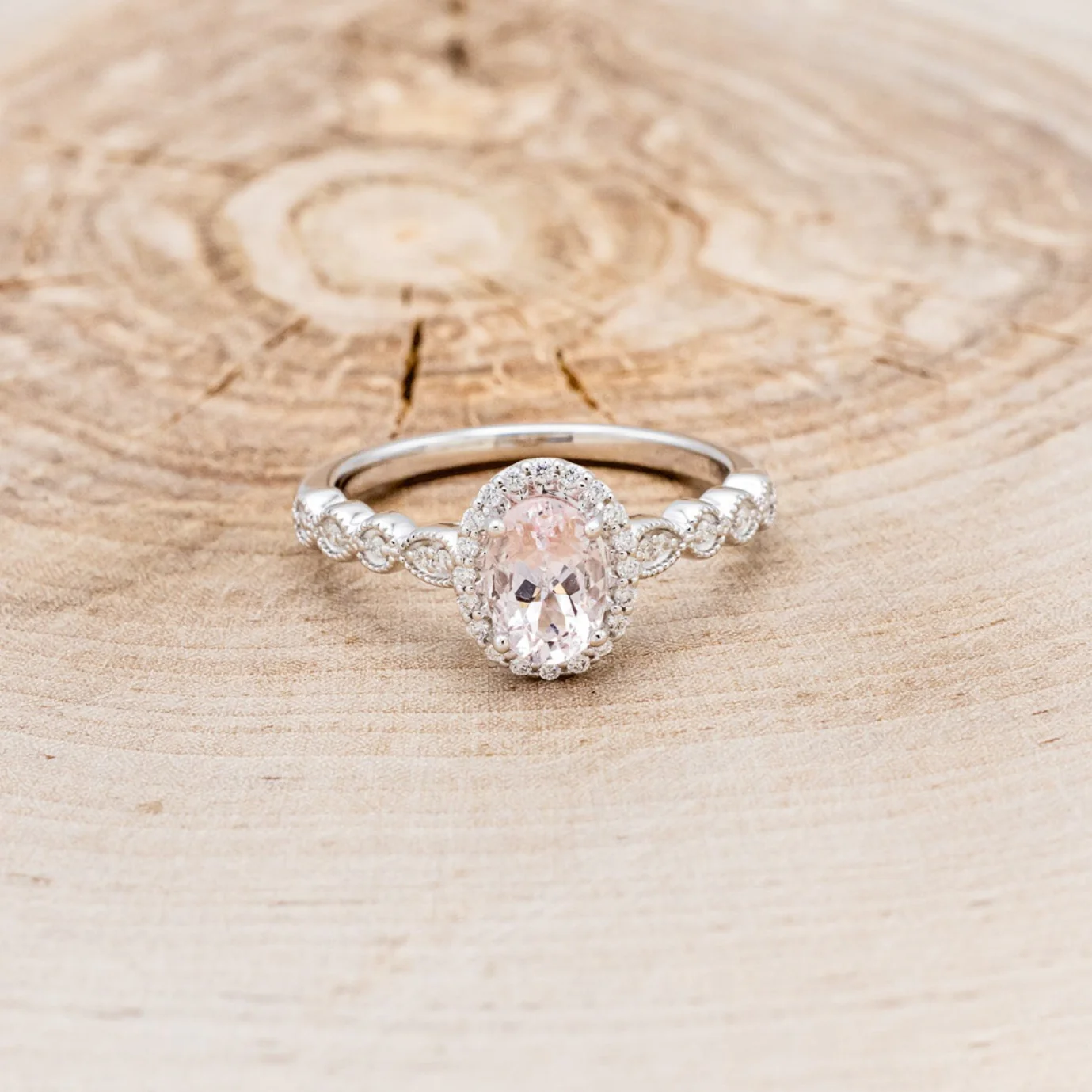 OVAL CUT MORGANITE ENGAGEMENT RING WITH SCALLOP BAND & DIAMOND ACCENTS - Image 10