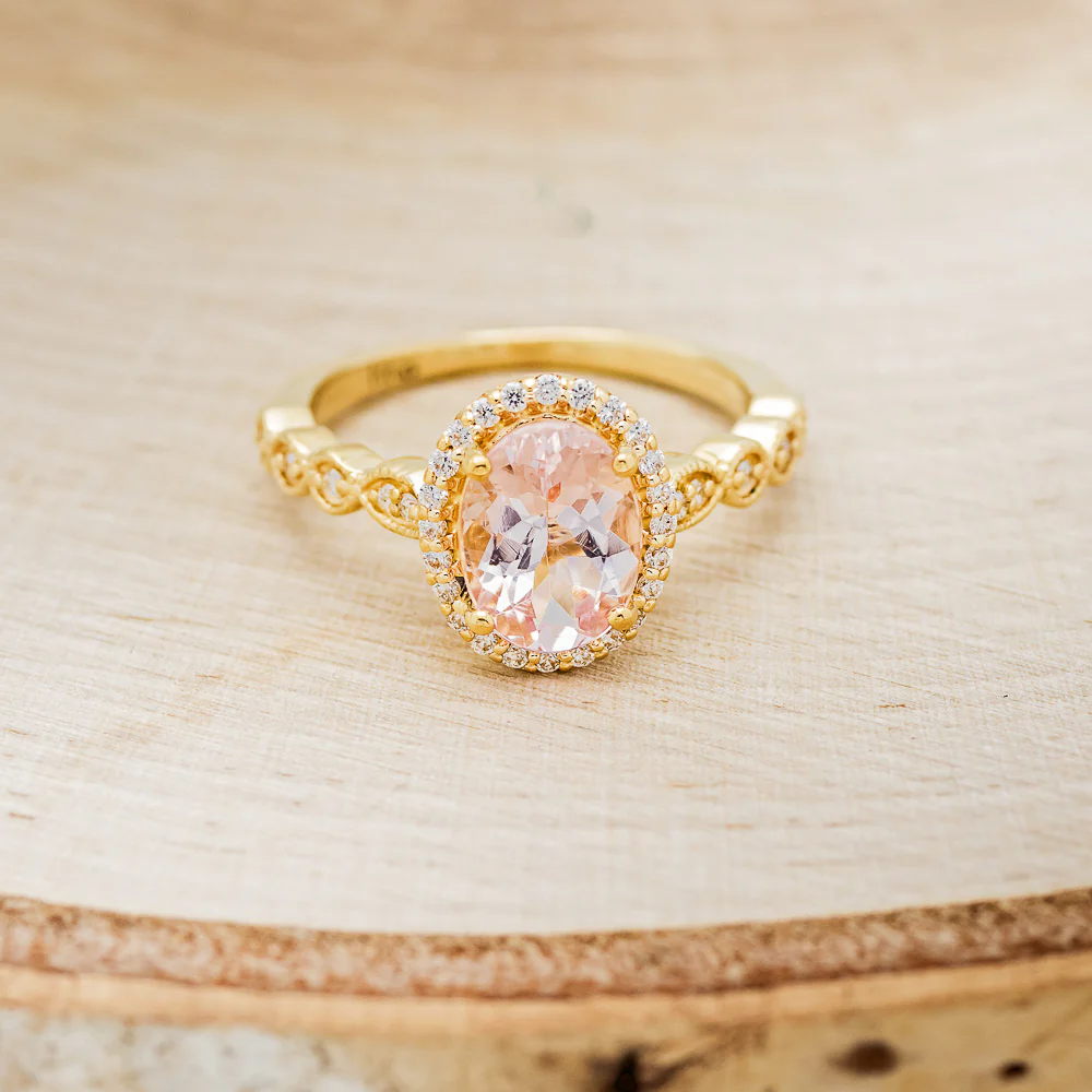 OVAL CUT MORGANITE ENGAGEMENT RING WITH SCALLOP BAND & DIAMOND ACCENTS - Image 9