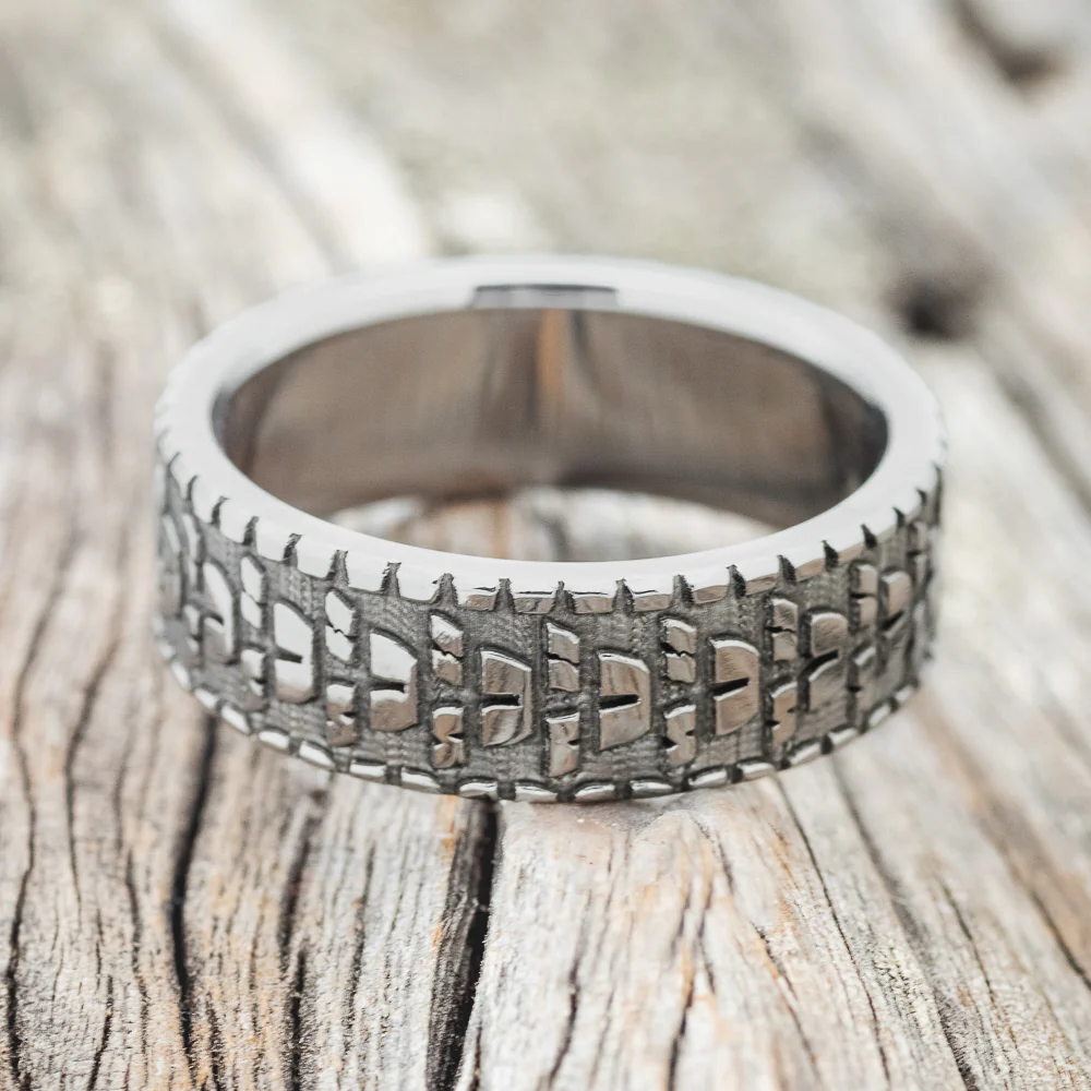 "PARCEL"- CUSTOM EMBOSSED DIRT BIKE TIRE TREAD WEDDING BAND - Image 4