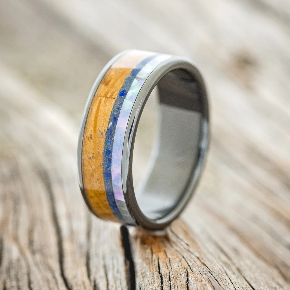 "RAINIER" - MOTHER OF PEARL, LAPIS LAZULI & WHISKEY BARREL OAK WEDDING BAND - Image 4