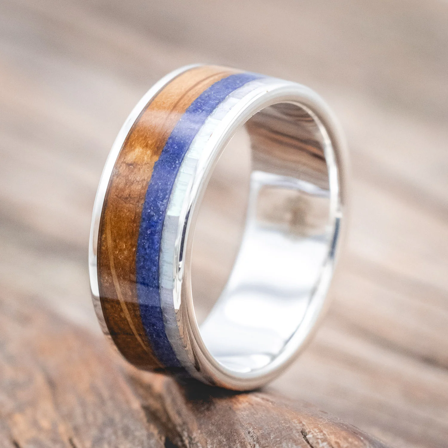 "RAINIER" - MOTHER OF PEARL, LAPIS LAZULI & WHISKEY BARREL OAK WEDDING BAND - Image 7