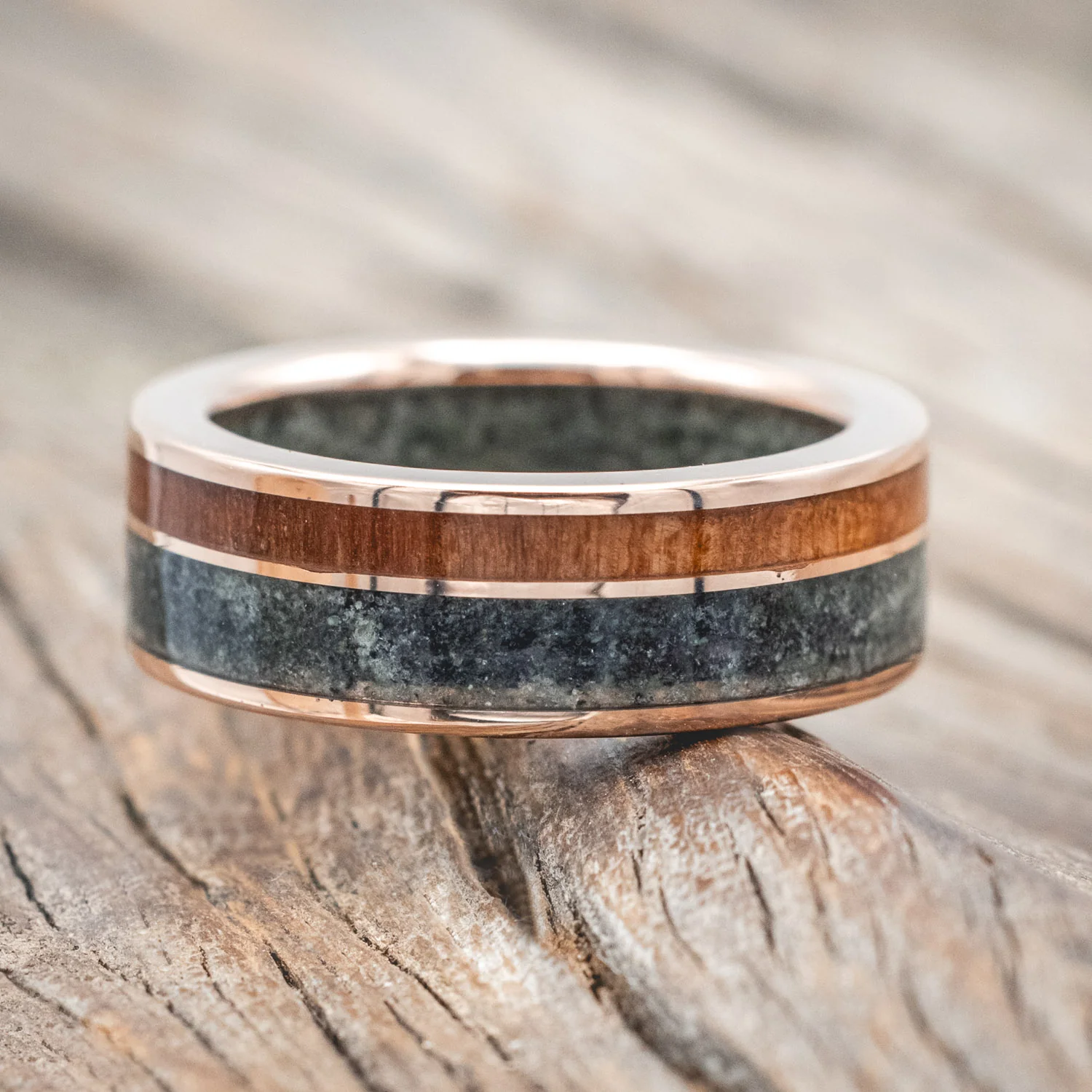 "RAPTOR" - MOSS AGATE & REDWOOD WEDDING BAND WITH A MOSS AGATE LINING - Image 4