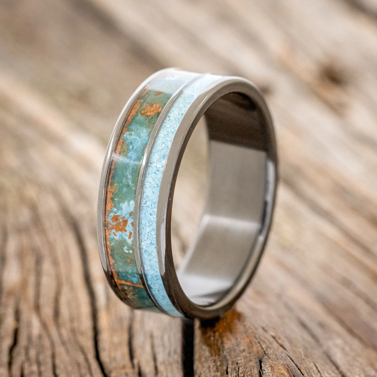 "RAPTOR" - PATINA COPPER & TURQUOISE WEDDING BAND - Image 4