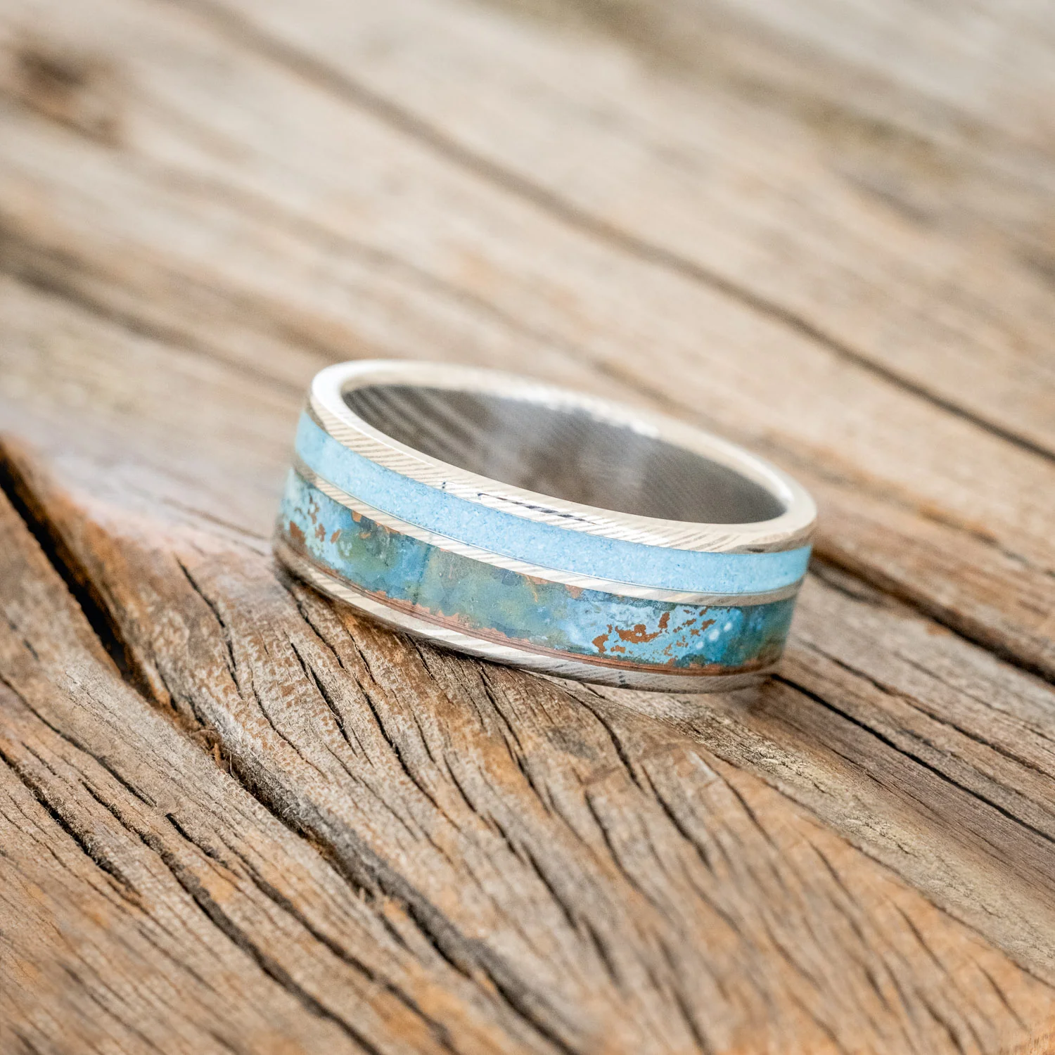 "RAPTOR" - PATINA COPPER & TURQUOISE WEDDING BAND - Image 8