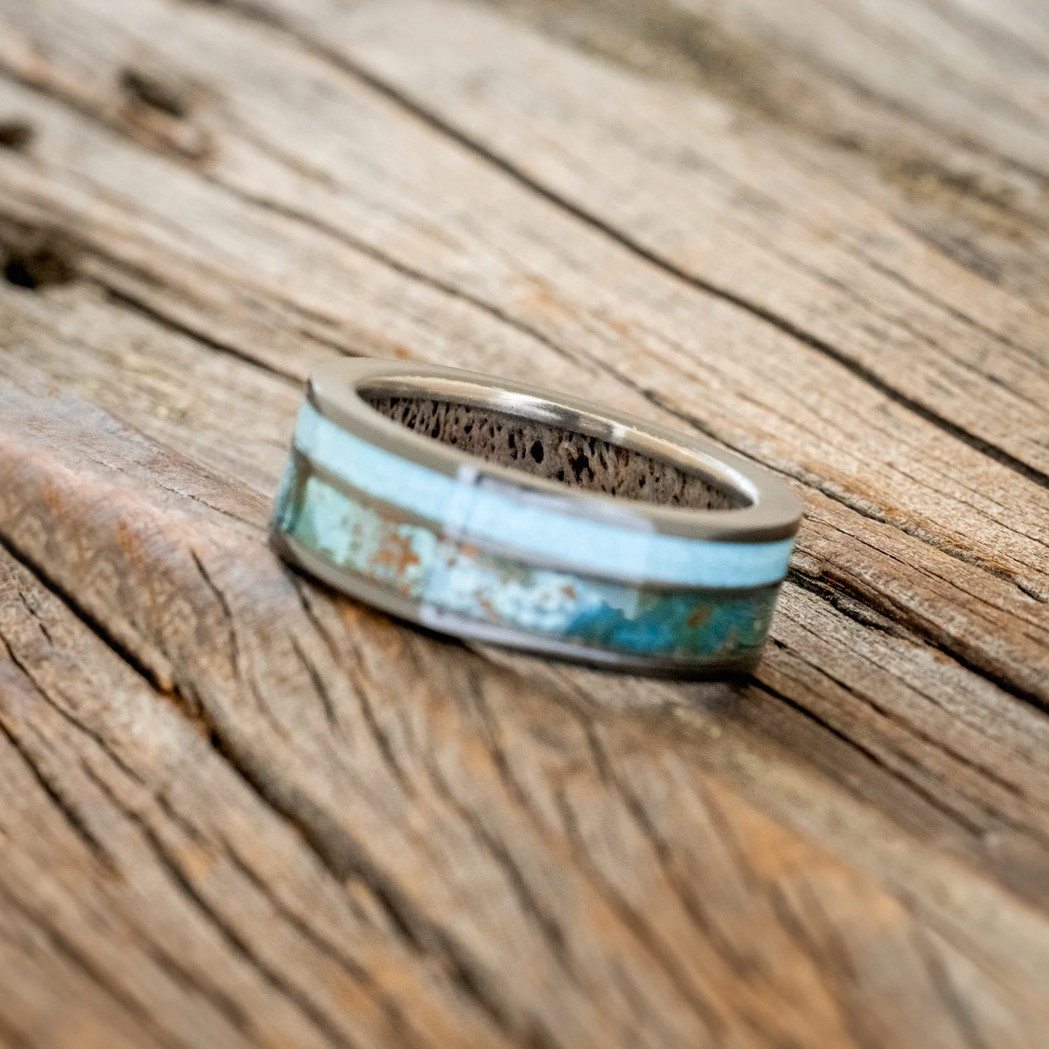 "RAPTOR" - PATINA COPPER & TURQUOISE WEDDING RING FEATURING AN ANTLER LINED BAND - Image 10