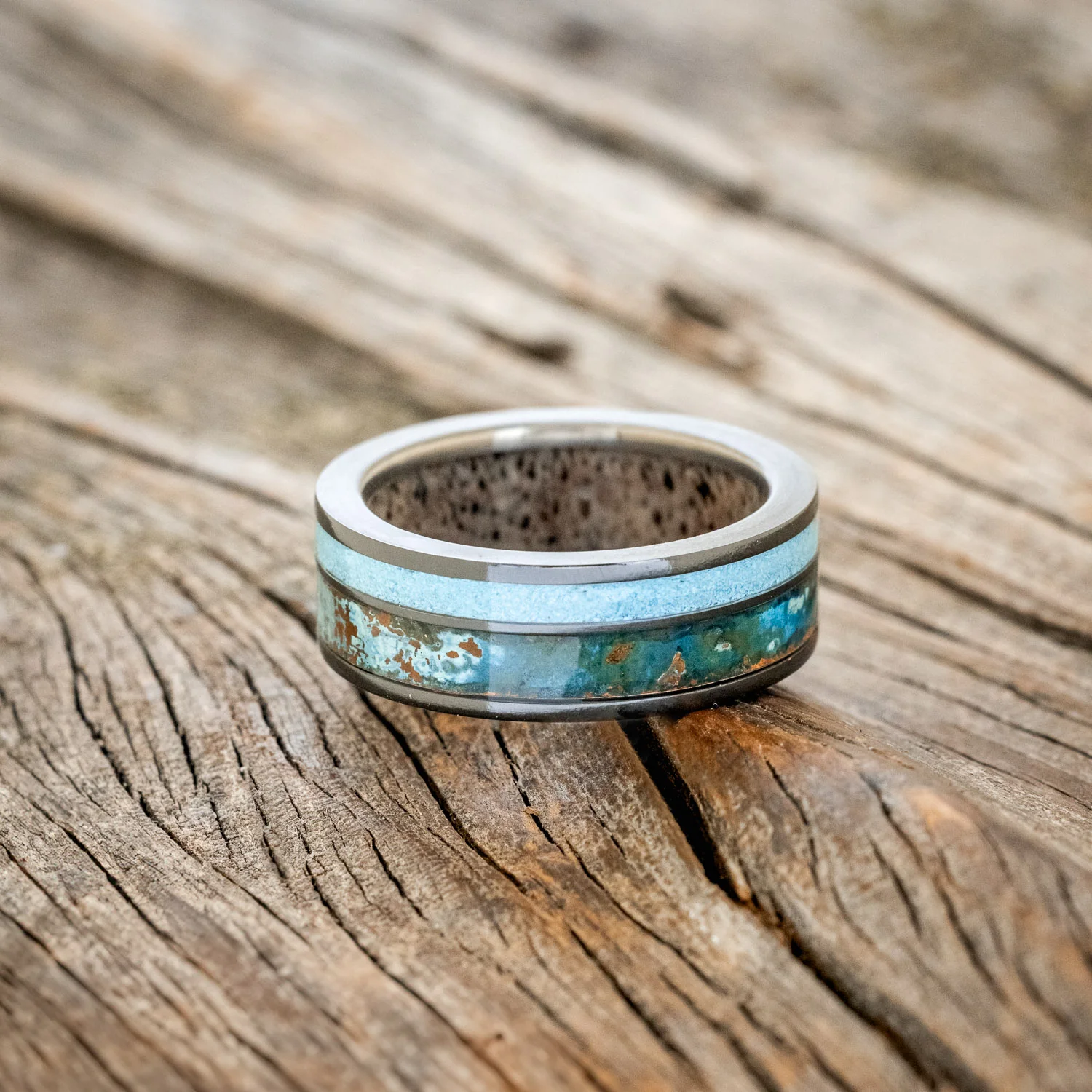 "RAPTOR" - PATINA COPPER & TURQUOISE WEDDING RING FEATURING AN ANTLER LINED BAND - Image 8