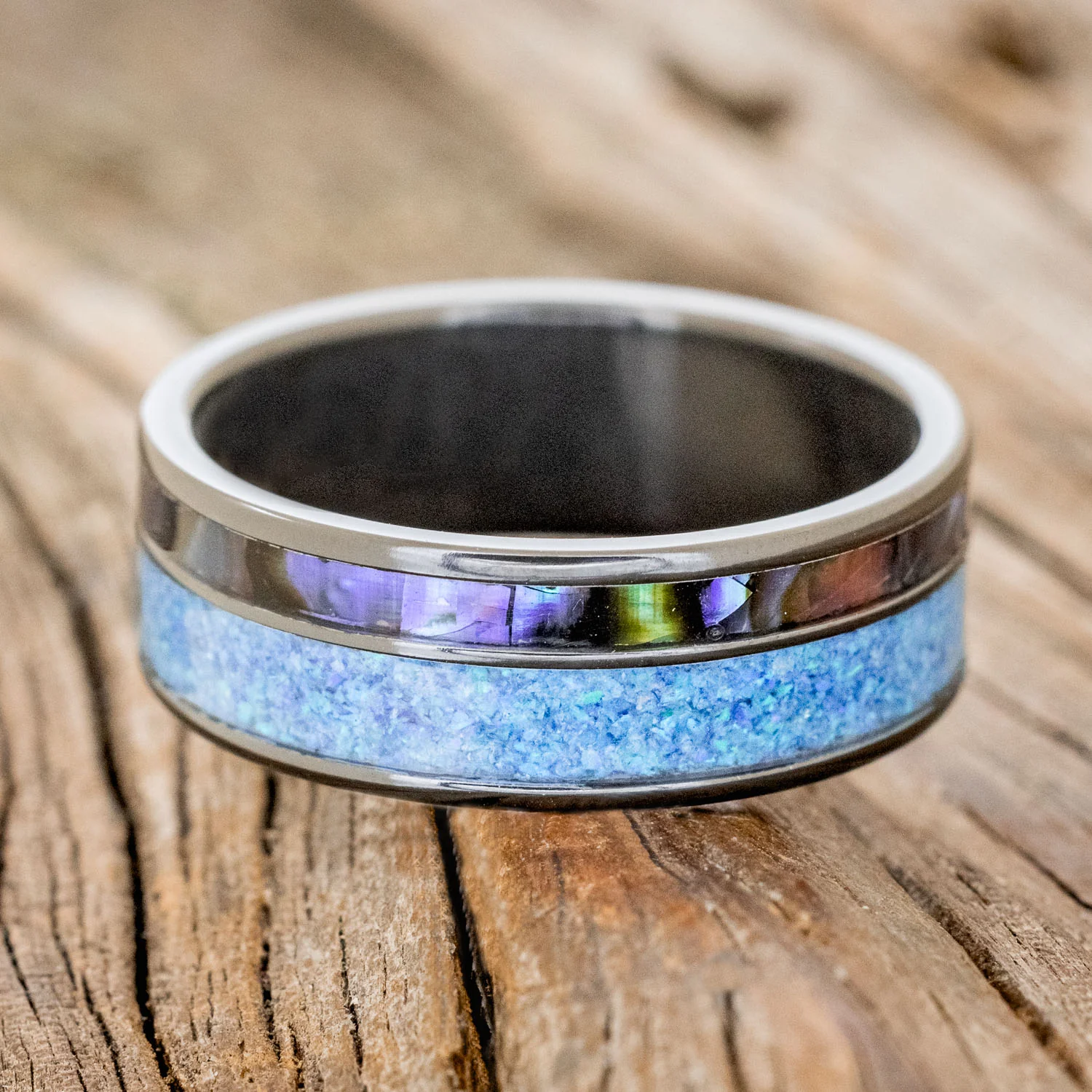 "RAPTOR" - PAUA SHELL & BLUE OPAL WEDDING BAND - Image 6