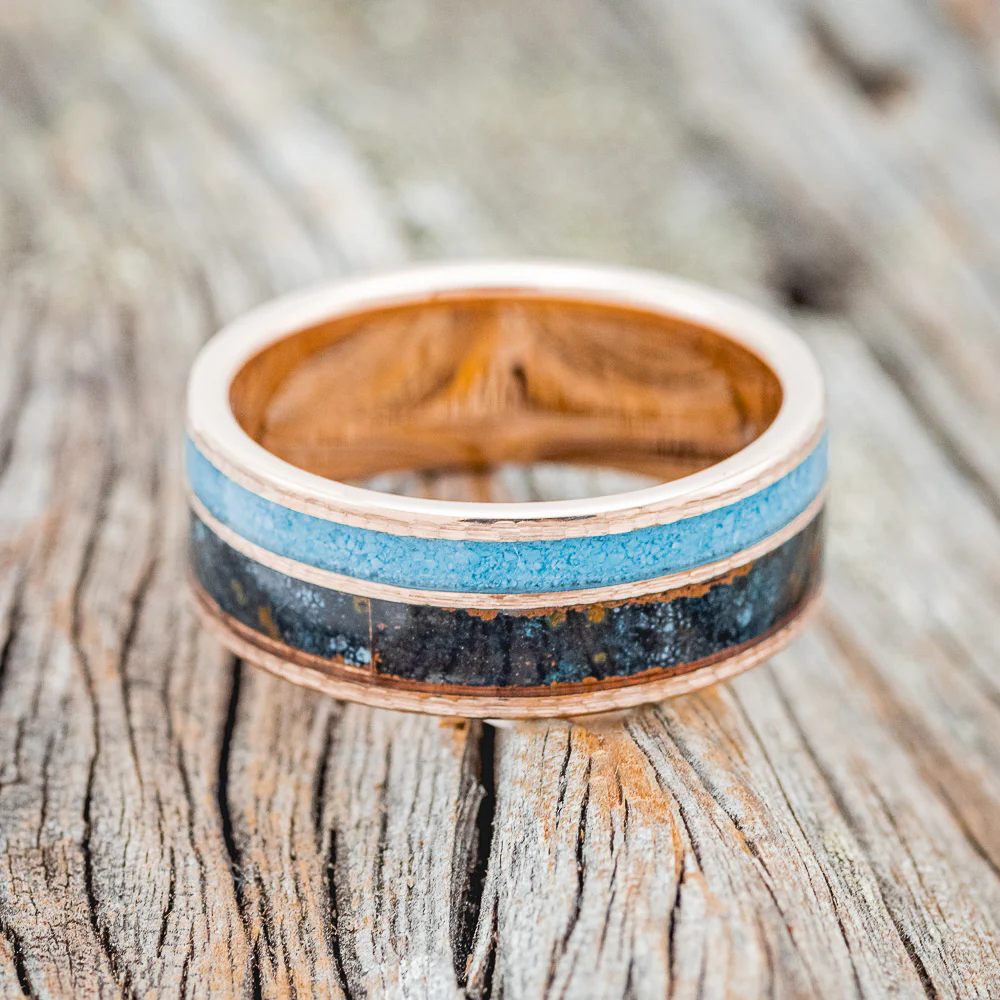"RAPTOR" - TURQUOISE & PATINA COPPER WEDDING RING FEATURING A HAMMERED 14K GOLD BAND - Image 3