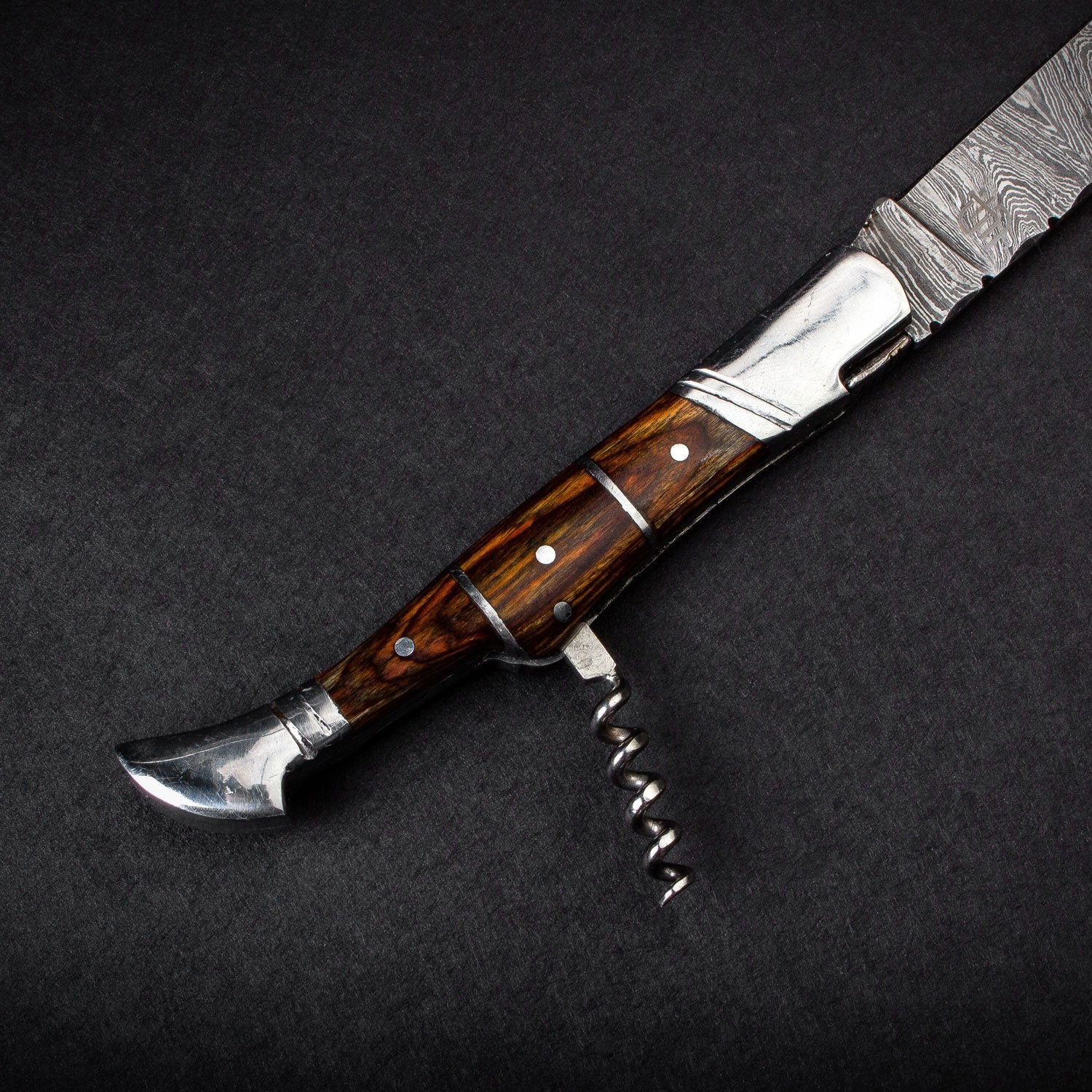 "RHONE RANGERS" - HANDMADE DAMASCUS STEEL FOLDING KNIFE WITH WINE CORKSCREW by Forseti Steel™ - Image 11