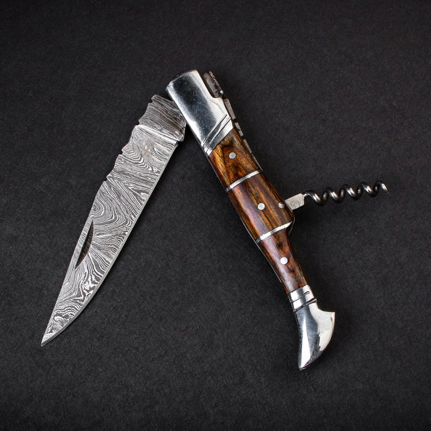 "RHONE RANGERS" - HANDMADE DAMASCUS STEEL FOLDING KNIFE WITH WINE CORKSCREW by Forseti Steel™ - Image 12