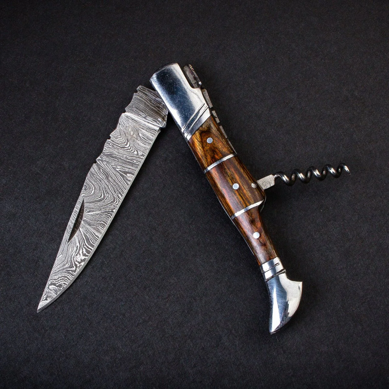 "RHONE RANGERS" - HANDMADE DAMASCUS STEEL FOLDING KNIFE WITH WINE CORKSCREW by Forseti Steel™ - Image 18