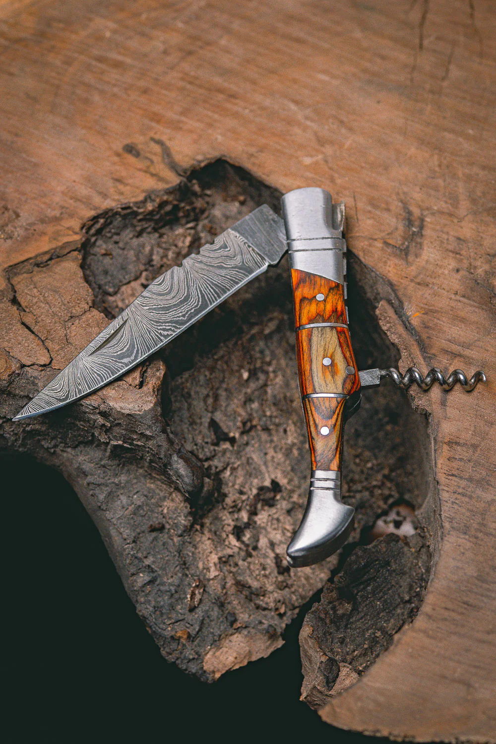 "RHONE RANGERS" - HANDMADE DAMASCUS STEEL FOLDING KNIFE WITH WINE CORKSCREW by Forseti Steel™ - Image 3