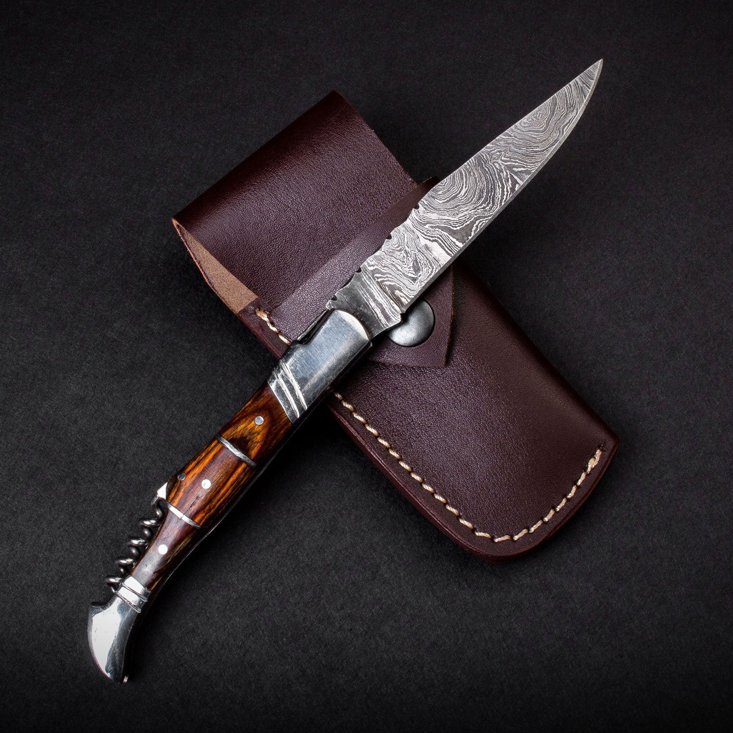 "RHONE RANGERS" - HANDMADE DAMASCUS STEEL FOLDING KNIFE WITH WINE CORKSCREW by Forseti Steel™ - Image 4