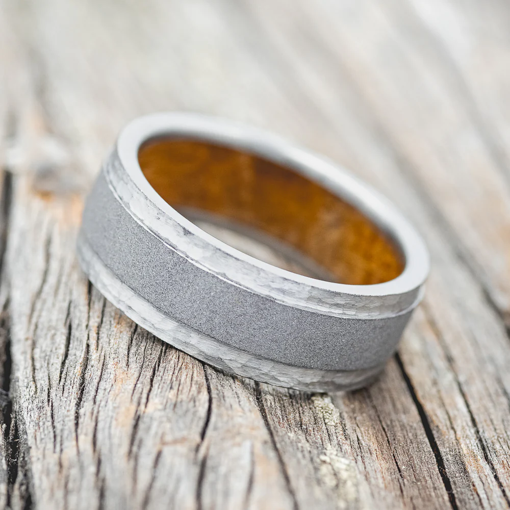 "SEDONA" - WHISKEY BARREL LINED WEDDING RING WITH HAMMERED EDGES & SANDBLASTED CENTER - Image 3