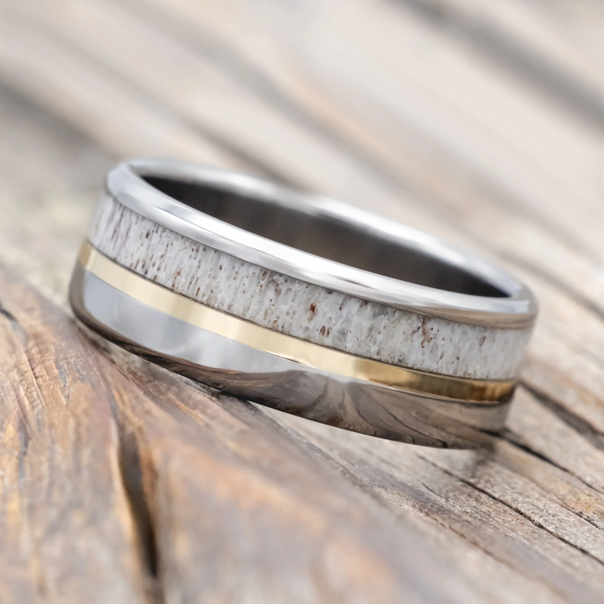 "TANNER" - ELK ANTLER & 14K GOLD INLAY WEDDING BAND - Image 10
