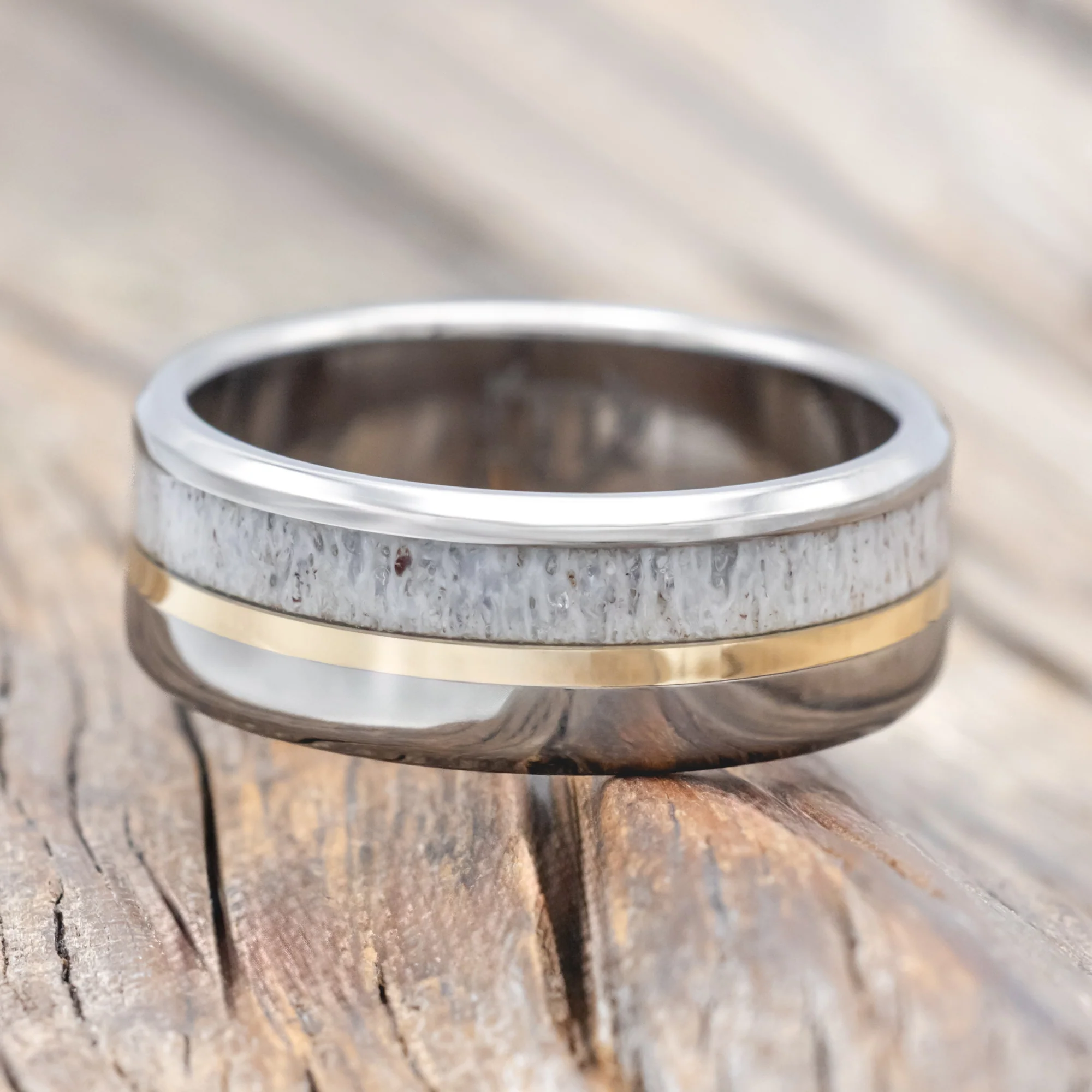 "TANNER" - ELK ANTLER & 14K GOLD INLAY WEDDING BAND - Image 11