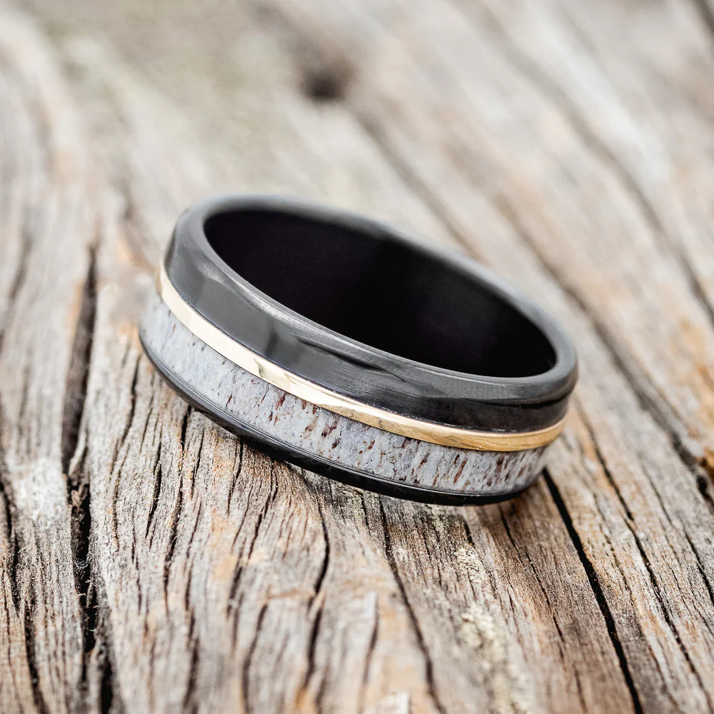 "TANNER" - ELK ANTLER & 14K GOLD INLAY WEDDING BAND - Image 21