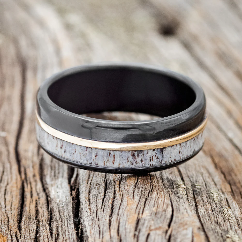 "TANNER" - ELK ANTLER & 14K GOLD INLAY WEDDING BAND - Image 22