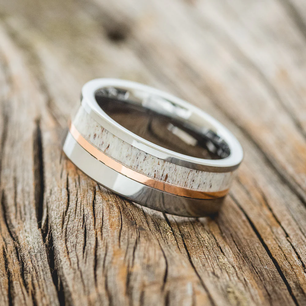 "TANNER" - ELK ANTLER & 14K GOLD INLAY WEDDING BAND - Image 8