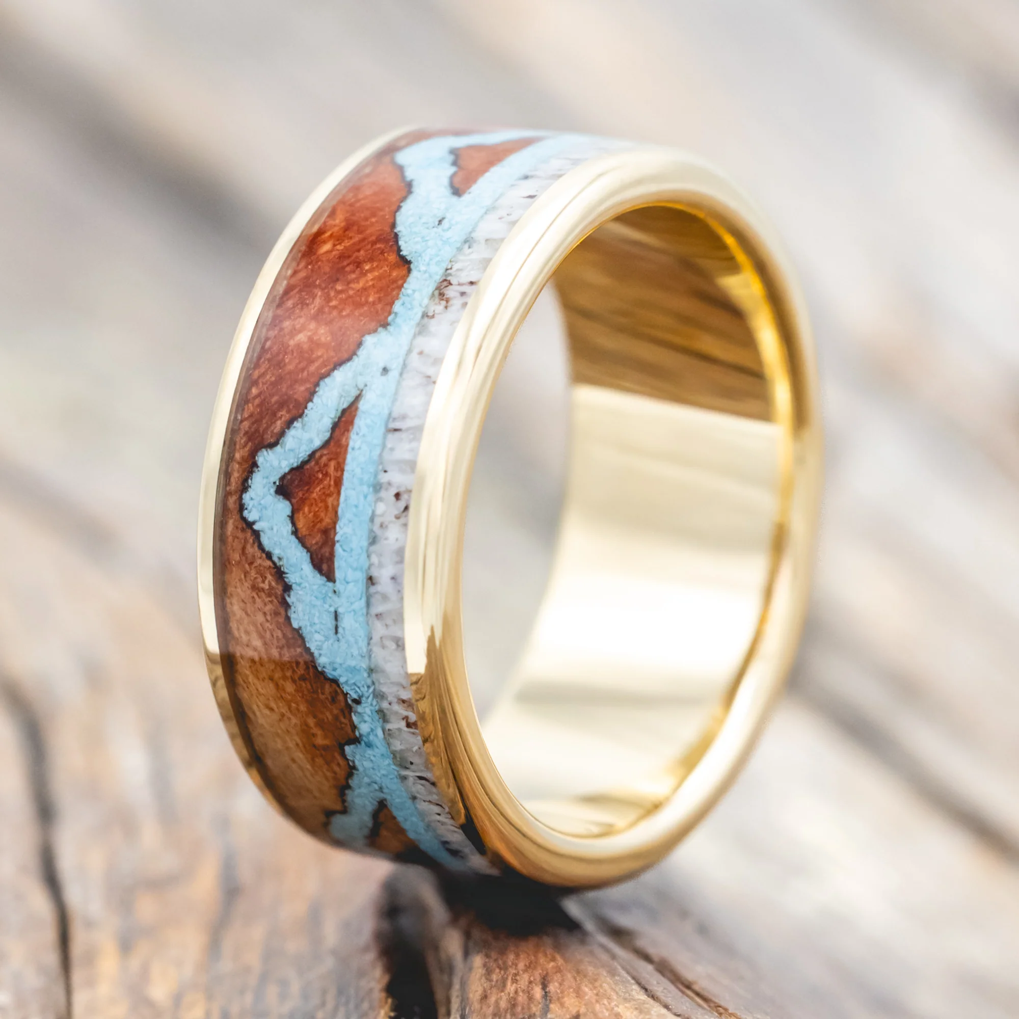 "THE EXPEDITION" - MOUNTAIN ENGRAVED WEDDING RING WITH REDWOOD, TURQUOISE & ANTLER - Image 13