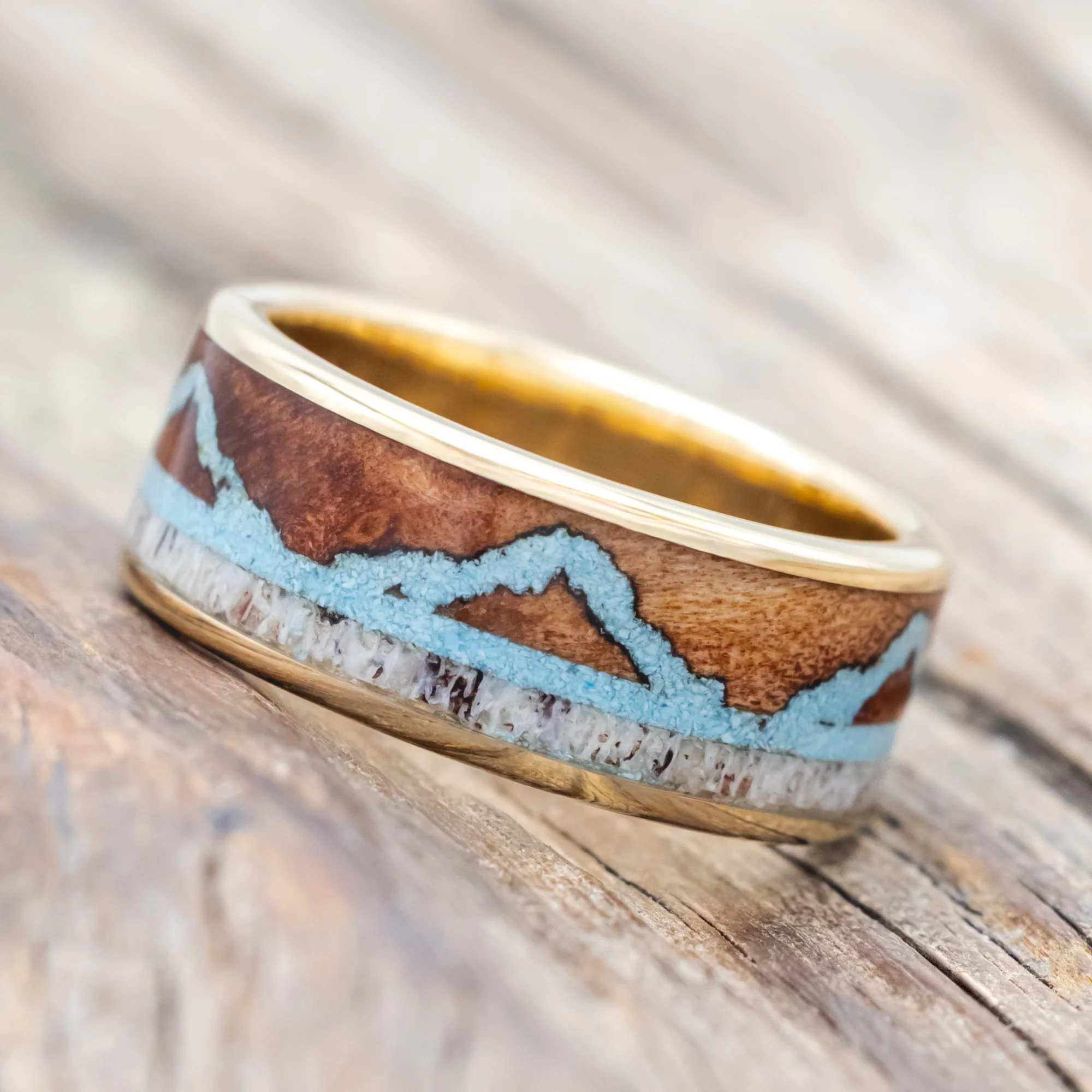 "THE EXPEDITION" - MOUNTAIN ENGRAVED WEDDING RING WITH REDWOOD, TURQUOISE & ANTLER - Image 14