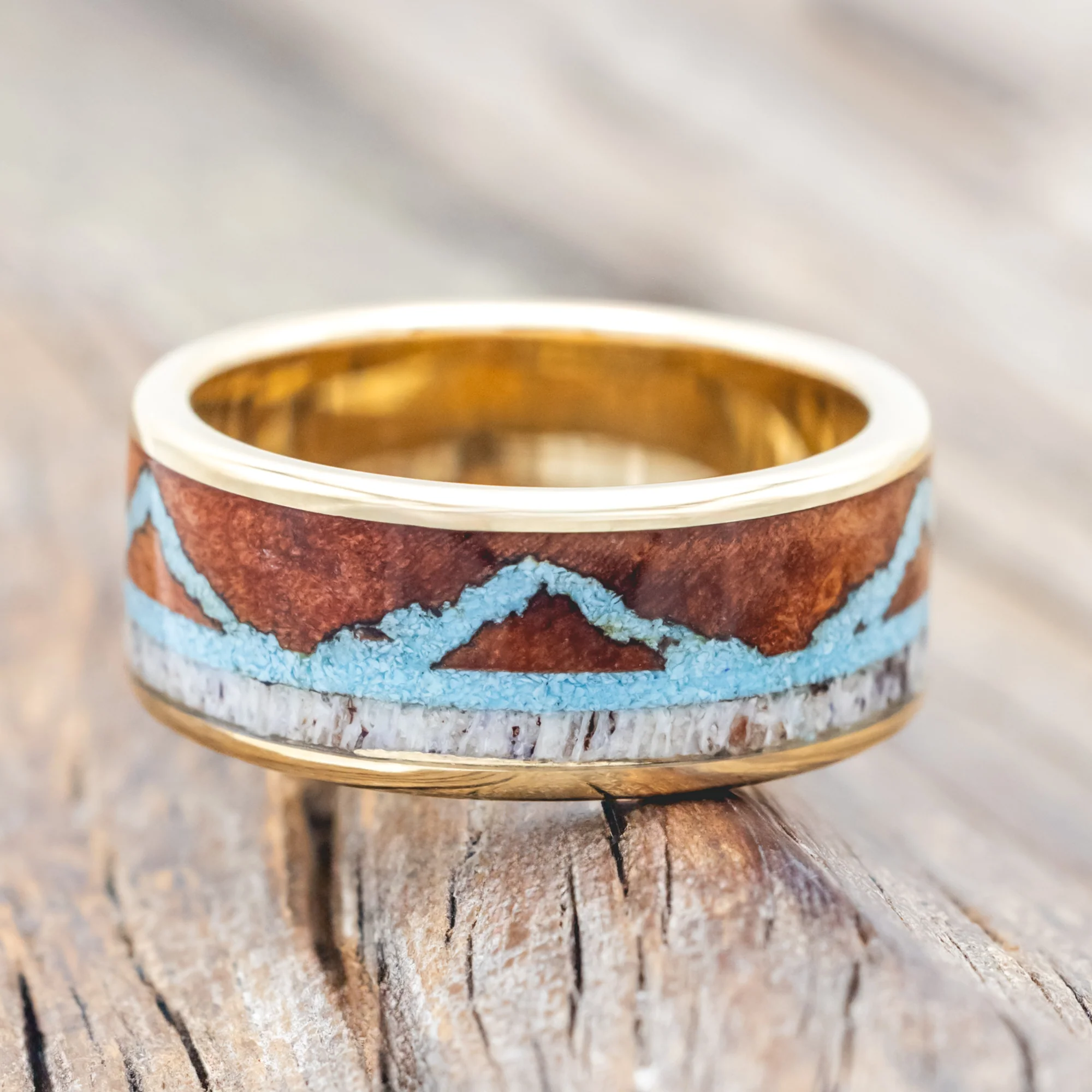 "THE EXPEDITION" - MOUNTAIN ENGRAVED WEDDING RING WITH REDWOOD, TURQUOISE & ANTLER - Image 15