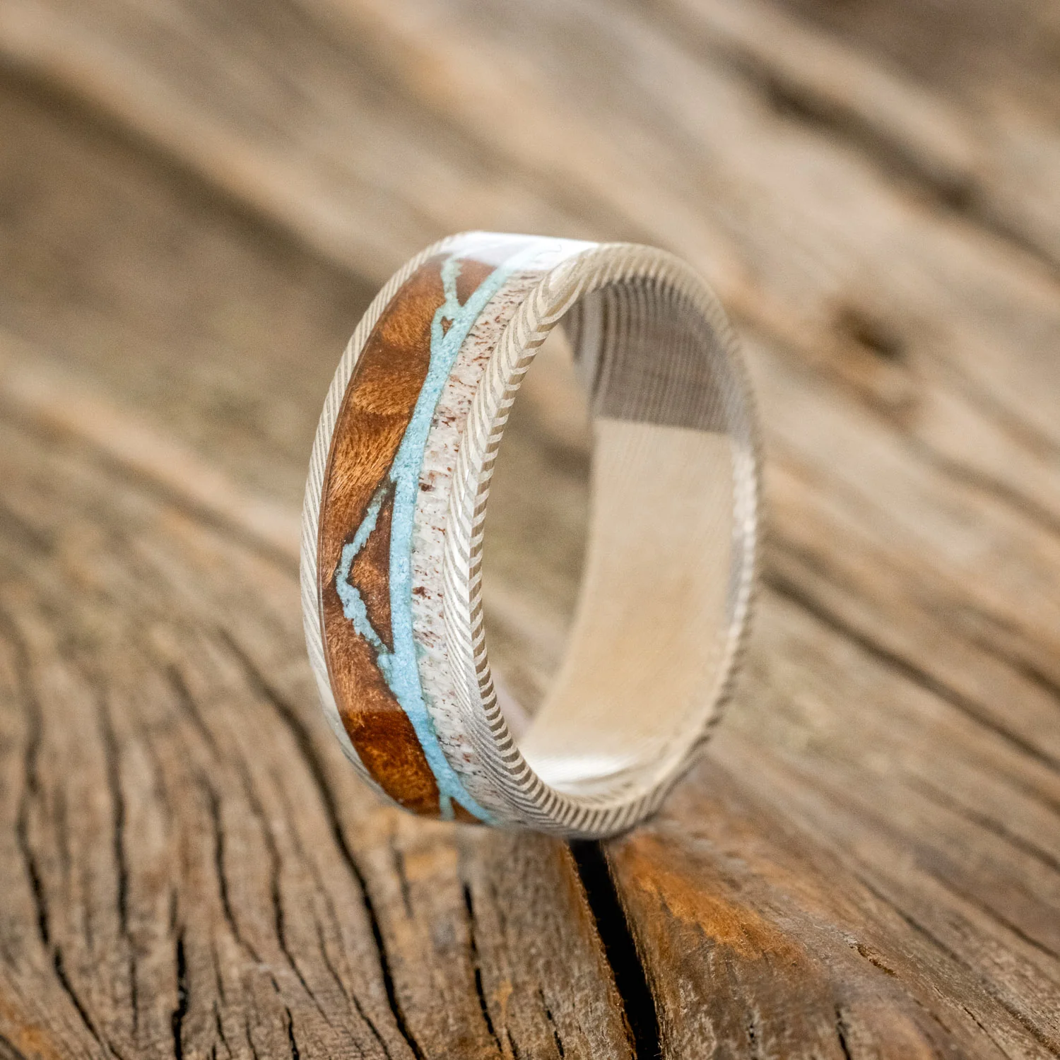 "THE EXPEDITION" - MOUNTAIN ENGRAVED WEDDING RING WITH REDWOOD, TURQUOISE & ANTLER - Image 10