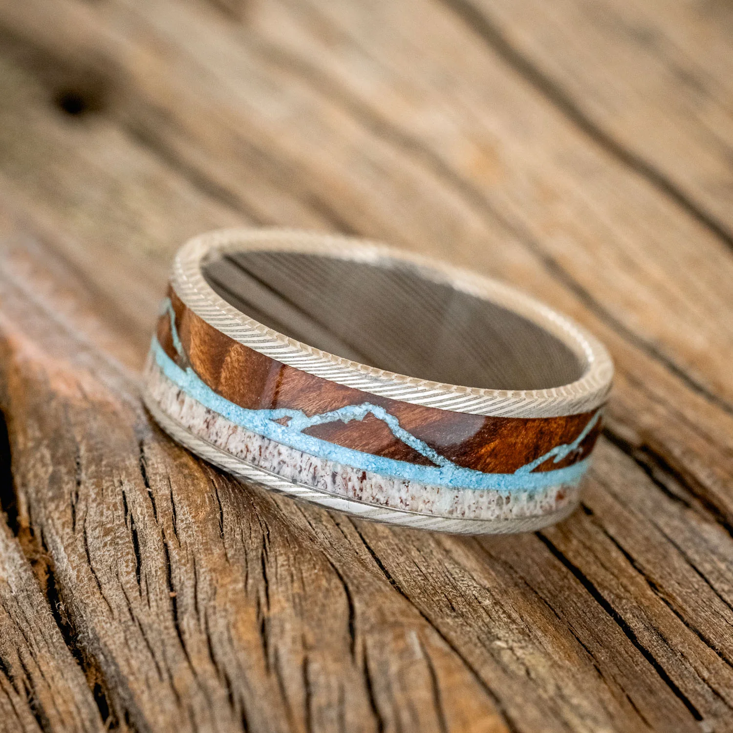 "THE EXPEDITION" - MOUNTAIN ENGRAVED WEDDING RING WITH REDWOOD, TURQUOISE & ANTLER - Image 11