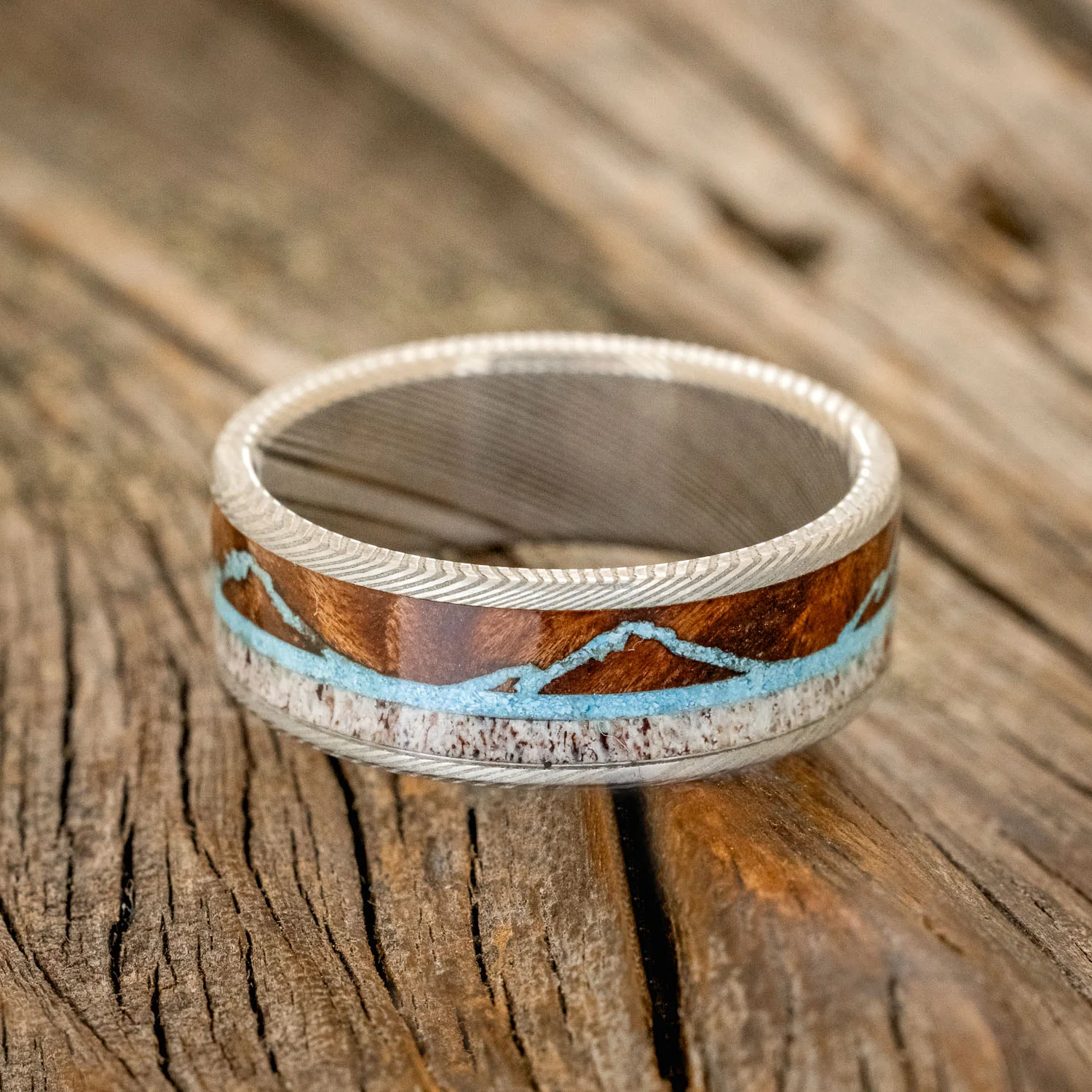 "THE EXPEDITION" - MOUNTAIN ENGRAVED WEDDING RING WITH REDWOOD, TURQUOISE & ANTLER - Image 12